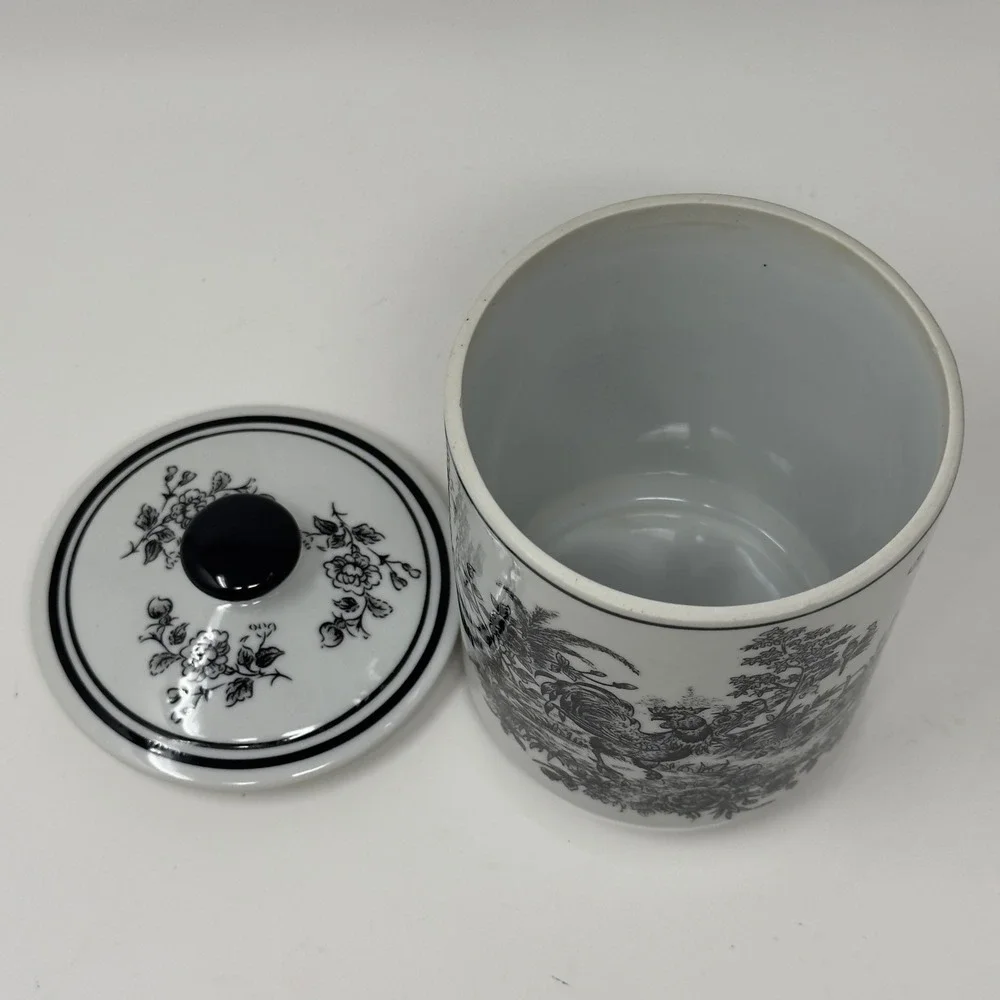 Vintage Aux Au Provence Black White Rooster Toile Canister French Country